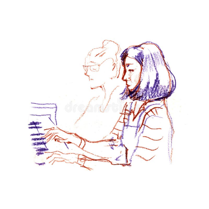 Dibujo del arte de la mujer dos que juega el piano, en el fondo blanco stock de ilustración Dibujo del arte de la mujer dos que juega el piano, en el fondo blanco stock de ilustración