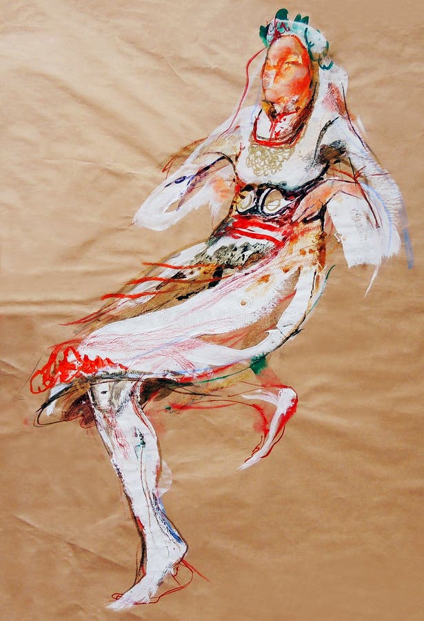 Dibujo en el papel de la muchacha de baile en traje balcánico tradicional