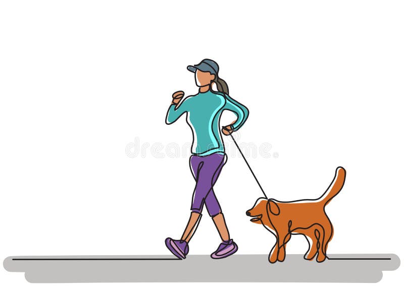 Dibujo En Linea Continuo De Mujeres Caminando Ejercicio Con Perro Ilustracion Del Vector Ilustracion De Minimalista Sano 164410252
