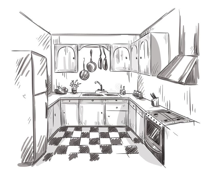 Dibujo Interior De La Cocina, Ejemplo Del Vector Ilustración del Vector