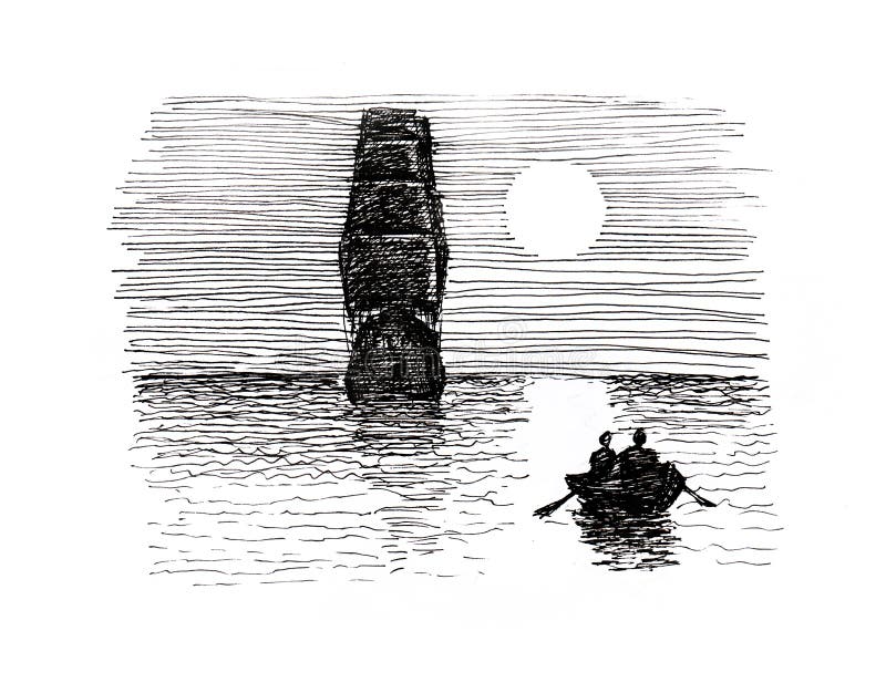 Dibujo a Lápiz De Un Barco En El Mar Con Luna Llena Y Siluetas Flotando En  Las Olas De Un Barco Stock de ilustración - Ilustración de vendimia, luna:  184161839