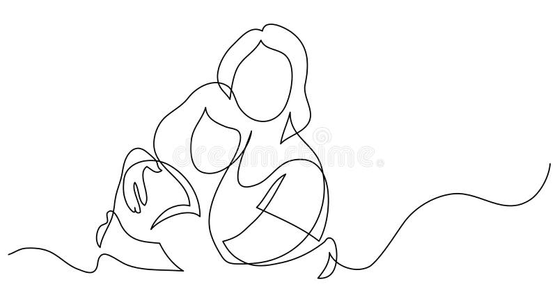 Dibujo lineal continuo de la madre y de la hija que se abrazan