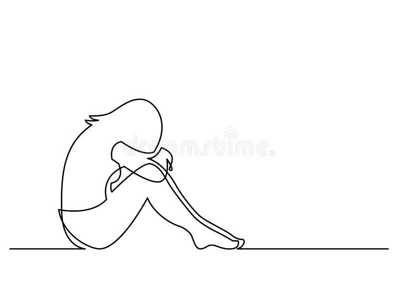Dibujo lineal continuo de la sentada deprimida de la mujer ilustración del vector Dibujo lineal continuo de la sentada deprimida de la mujer ilustración del vector