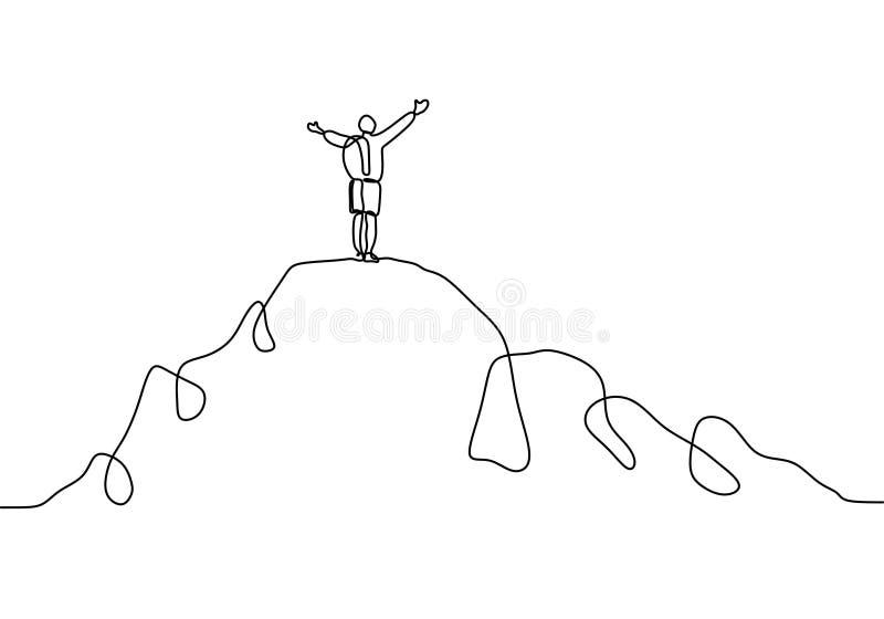 Dibujo lineal continuo de las manos de levantamiento de la persona después de subir un pico de la montaña Concepto de éxito feliz stock de ilustración