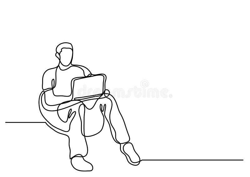 Dibujo lineal continuo del hombre que se sienta en puf con el ordenador portátil c ilustración del vector Dibujo lineal continuo del hombre que se sienta en puf con el ordenador portátil c ilustración del vector