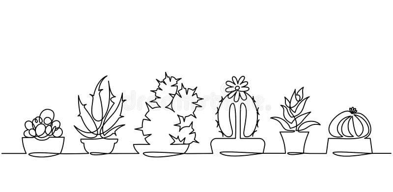 Dibujo lineal continuo del sistema del vector de plantas blancos y negros de la casa del bosquejo del cactus lindo aisladas en el ilustración del vector