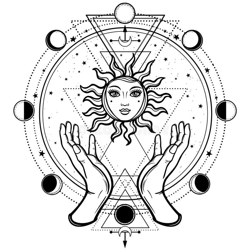 Dibujo místico: las manos humanas sostienen el sol