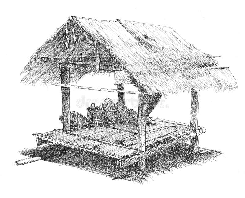 Dibujo Negro De La Pluma De Chozas De Madera Aisladas En El Campo De  Tailandia Foto de archivo editorial - Ilustración de antigüedad, exterior:  144457478