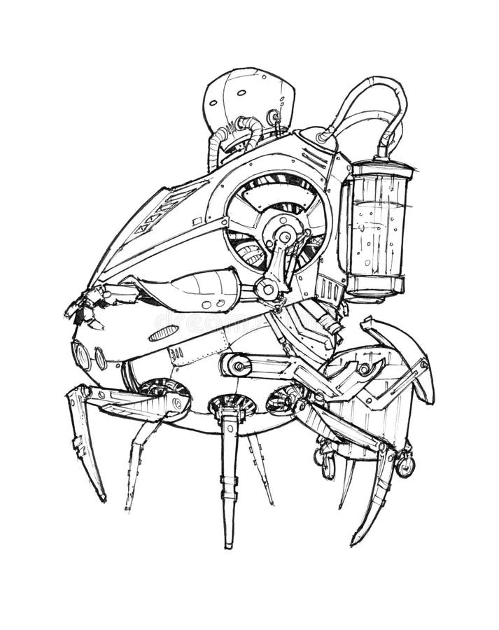 Dibujo negro de la tinta del carácter divertido lindo del robot stock de ilustración