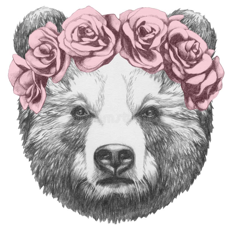 Dibujo original del oso con la guirnalda principal floral ilustración del vector Dibujo original del oso con la guirnalda principal floral ilustración del vector