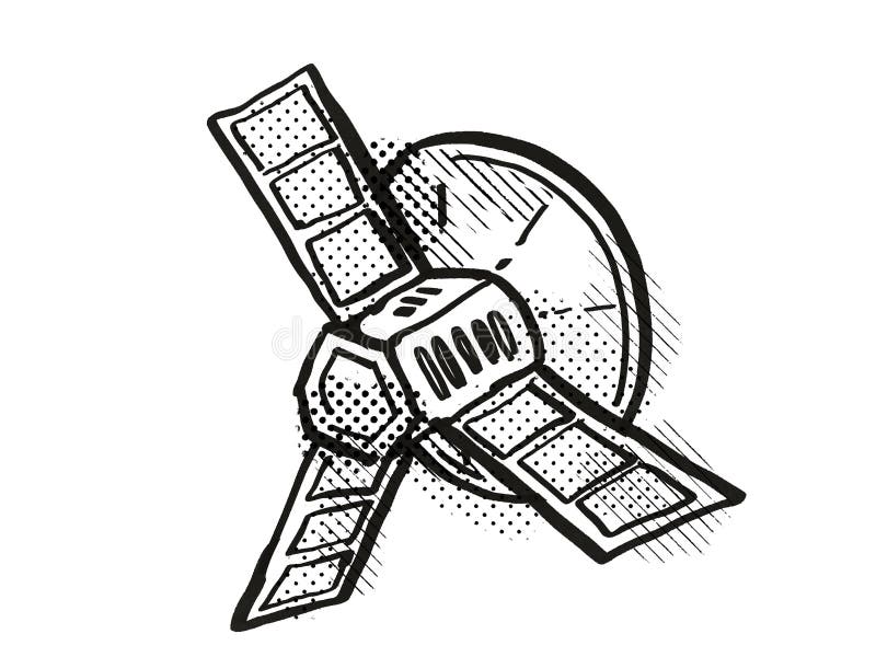  Dibujo Retro De La Sonda Espacial O Satelital Stock de ilustración