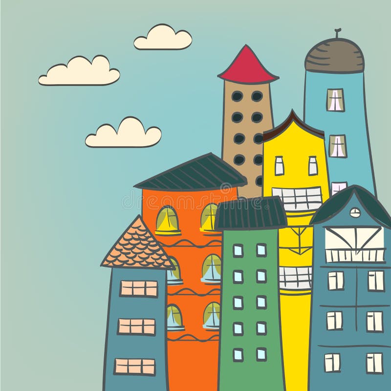 Dibujo retro de las casas stock de ilustración