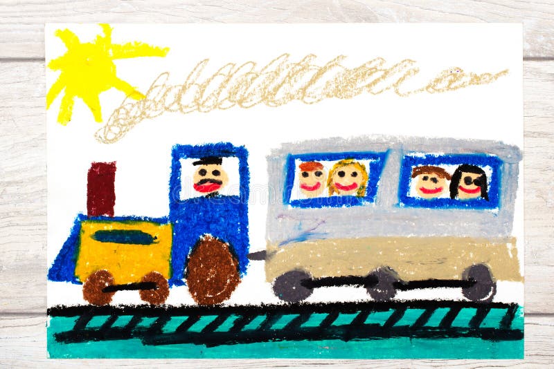 Dibujo: tren con los pasajeros sonrientes stock de ilustración Dibujo: tren con los pasajeros sonrientes stock de ilustración