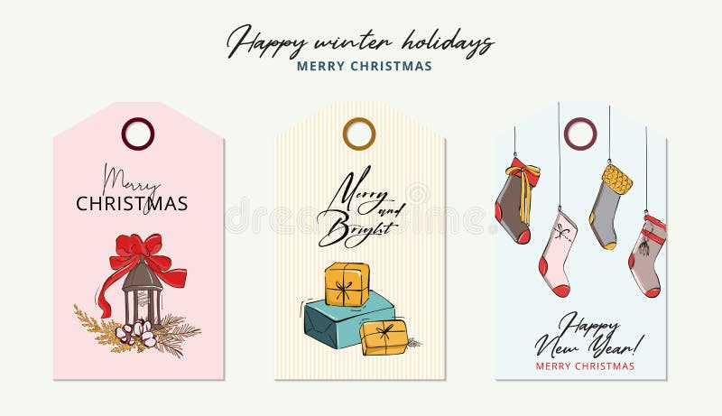 Dibujo vectorial caricatura hecha a mano tarjetas de felicitación de vacaciones de invierno con regalo, calcetines, letras de dec ilustración del vector