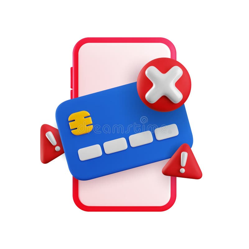Dibujo vectorial 3d aplicación móvil de tarjeta de crédito bloqueada. Tarjeta de crédito 3d con signo de exclamación de cruz rojo libre illustration