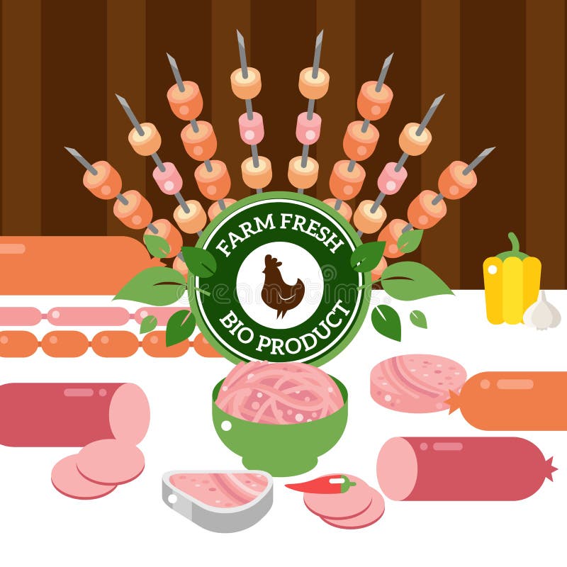 Dibujo vectorial de la tienda de carnicería Diferentes tipos de salchichas y platos de carne fresca Bioproductos de la granja loc stock de ilustración
