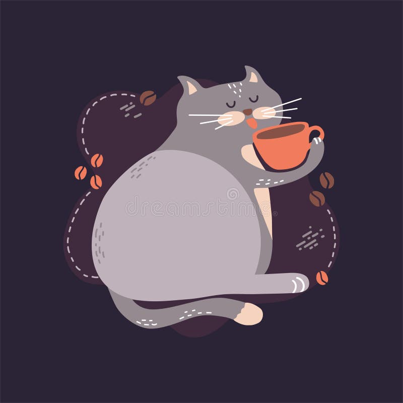 Cute vector illustration of a funny fat cat sitting and drinking hot coffee from an orange mug. Grey kitten with dots and stripes. Cute character in trendy flat style  on dark background. Cute vector illustration of a funny fat cat sitting and drinking hot coffee from an orange mug. Grey kitten with dots and stripes. Cute character in trendy flat style  on dark background.