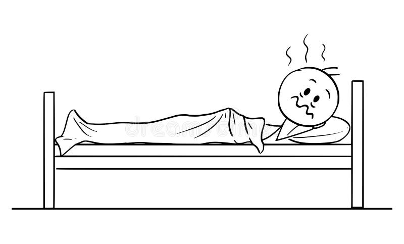 Dibujo vectorial Ilustración de hombre cansado con insomnio en la cama y que no puede dormir libre illustration