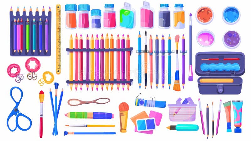 Cartoon modern illustration, set of school supplies and stationery, learning items colored pencils, paints and brushes, glue, ruler and scissors with compass, markers and palettes with paper clips or. AI generated. Cartoon modern illustration, set of school supplies and stationery, learning items colored pencils, paints and brushes, glue, ruler and scissors with compass, markers and palettes with paper clips or. AI generated