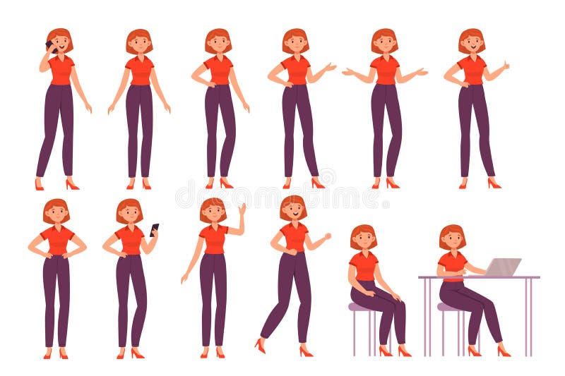 Dibujos Animados De Personajes Femeninos. Mujer Feliz En Diferentes  Posiciones Acciones Y Emociones De Pie Y Sentado Trabajando En Ilustración  del Vector - Ilustración de negocios, encargado: 246037520