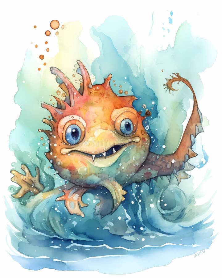  Dibujos Animados Feos Pero Lindos Mar Monstruo Agua Color Agua Infantil Ilustración En Colores Brillantes Stock de ilustración