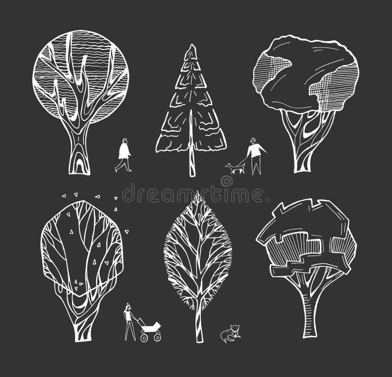  Dibujos De árboles Arquitectónicos Sobre Fondo Negro Ilustración del Vector