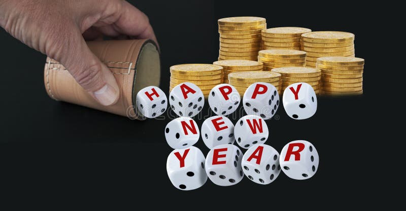 Dice spelling Happy New Year when tumbling out of a raffle cup hold by one hand with stacks of golden coins on black background.