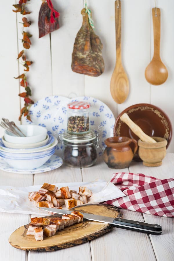 Diced Bacon on the Kitchen Table Stock Photo Image of wooden, cutting
