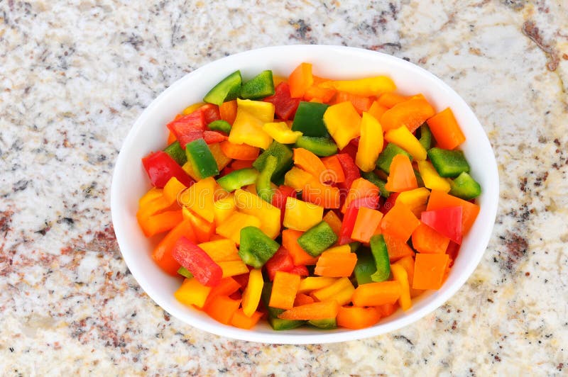 Diced Peppers in White Bowl