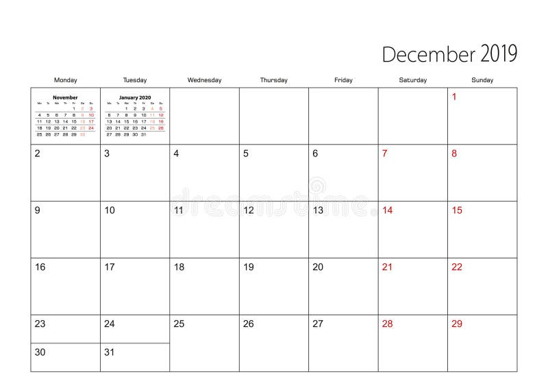 Dicembre 2019 pianificatore semplice del calendario, inizio di settimana a partire da lunedì