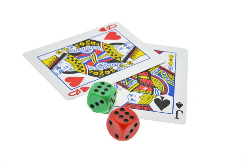 Dices and playing cards on white background