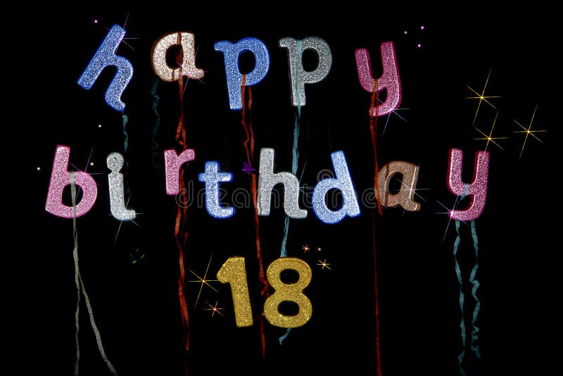 Happy 18th Birthday party banner in colorful glitter letters and numbers. Party poppers, stars and confetti add to the party feel of this fun poster or birthday card image. Happy 18th Birthday party banner in colorful glitter letters and numbers. Party poppers, stars and confetti add to the party feel of this fun poster or birthday card image.