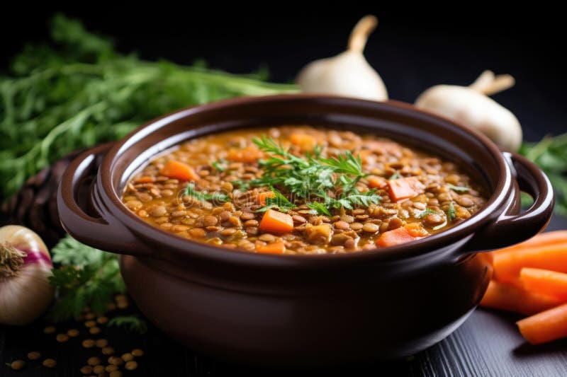 Dicke und herzhafte Linsensuppe aus einem 45-Grad-Winkel vektor abbildung