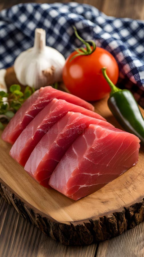 Dicker Thunfisch Scheiben Tomate Chili rustikale Tafel ästhetische kulinarische Einrichtung lizenzfreie abbildung