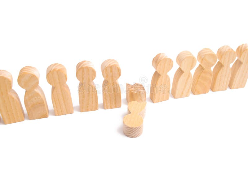 Did not give up to expectations and did not fulfill the task. Weak player, worker for dismissal mental health. row of wooden people and a broken figure of a person among them. concept of a weak link.