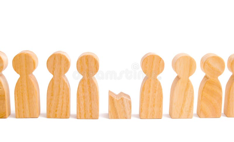 Did not give up to expectations and did not fulfill the task. A row of wooden people and a broken figure of a person among them. The concept of a weak link. employee for dismissal. mental health.