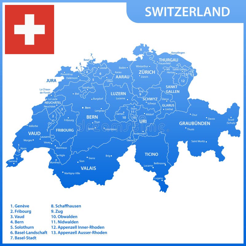 Die ausführliche Karte der Schweiz mit Regionen oder Zustände und Städte, Hauptstädte, Staatsflagge lizenzfreie abbildung Die ausführliche Karte der Schweiz mit Regionen oder Zustände und Städte, Hauptstädte, Staatsflagge lizenzfreie abbildung