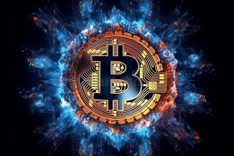 Die Blockchains essence ein abstraktes blaues Bitcoin-Zeichen aus Transaktionen. vektor abbildung