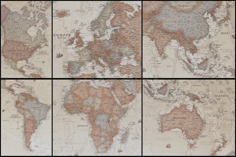 Collage of an ancient geographic map of the world with names of the countries. Collage of an ancient geographic map of the world with names of the countries