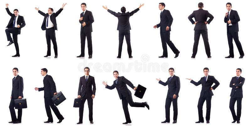 Die Collage des Geschäftsmannes lokalisiert auf Weiß lizenzfreies stockfoto Die Collage des Geschäftsmannes lokalisiert auf Weiß lizenzfreies stockfoto