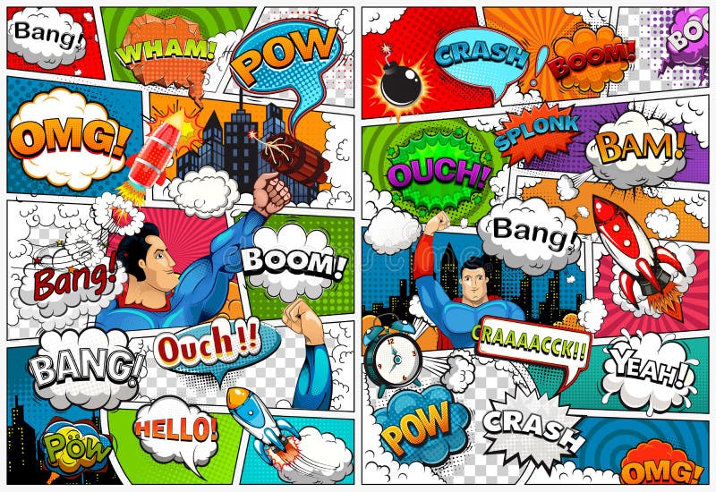 Comic book page template divided by lines with speech bubbles, rocket, superhero and sounds effect. Retro background mock-up. Vector. Comic book page template divided by lines with speech bubbles, rocket, superhero and sounds effect. Retro background mock-up. Vector