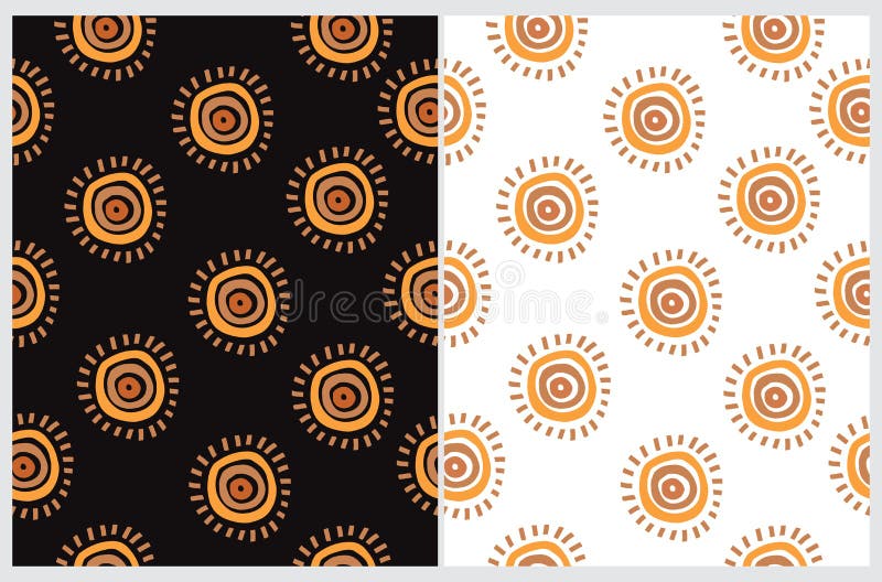 Simple Geometric Seamless Vector Patterns Set with Folk Style Irregular Hand Drawn Suns Isolated on a White and Black Background. Funny Scandinavian Style Print ideal for Fabric, Textile. Simple Geometric Seamless Vector Patterns Set with Folk Style Irregular Hand Drawn Suns Isolated on a White and Black Background. Funny Scandinavian Style Print ideal for Fabric, Textile.