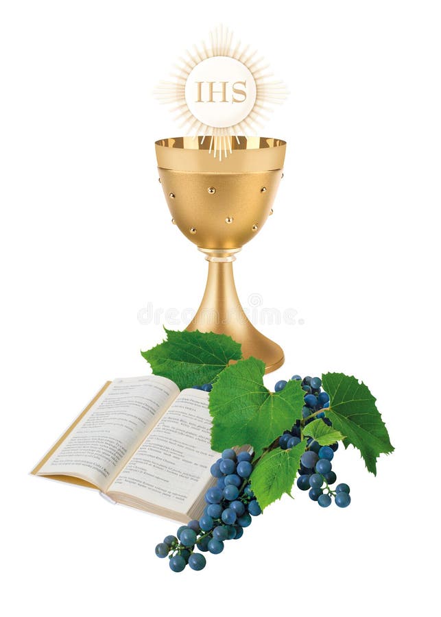 Die erste heilige Kommunion, eine Illustration mit einer Schale, ein Wirt, Bibel und Wein
