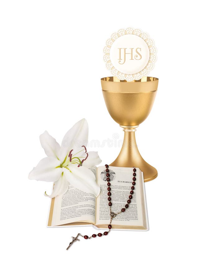 Die erste heilige Kommunion, eine Illustration mit einer Schale, ein Wirt, eine Lilie, eine Bibel und ein Rosenbeet