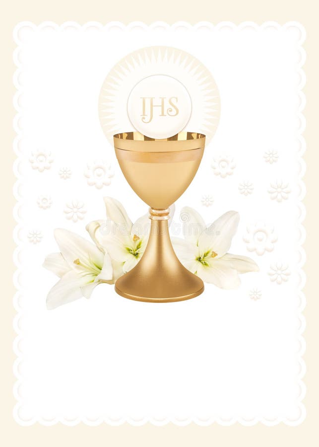 Die erste heilige Kommunion, eine Illustration mit einer Schale, ein Wirt und weiße Lilie