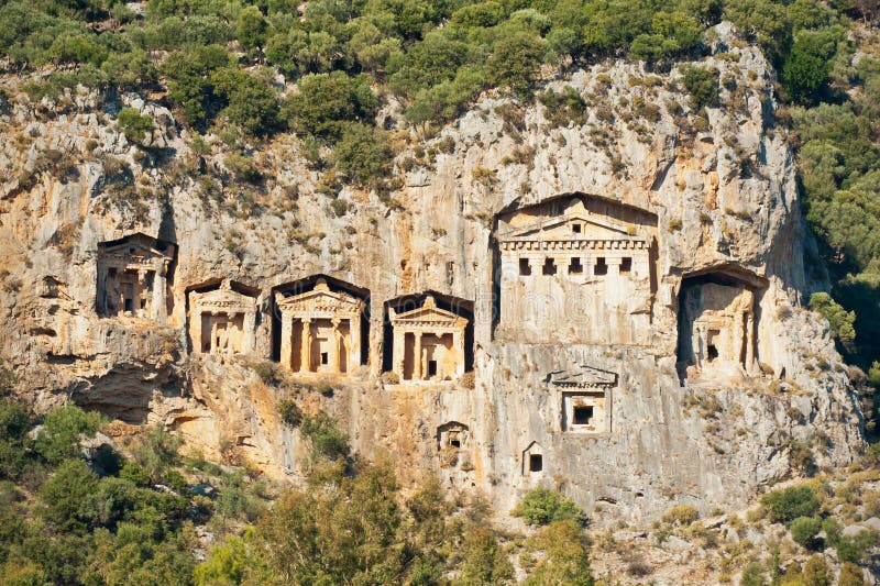 Ancient Lykian royal burial tombs carved in cliff on river Dalyan in Turkey. Ancient Lykian royal burial tombs carved in cliff on river Dalyan in Turkey