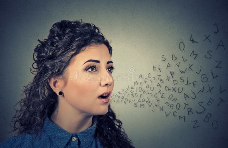 Woman talking with alphabet letters coming out of her mouth. Communication, information, intelligence concept. Woman talking with alphabet letters coming out of her mouth. Communication, information, intelligence concept