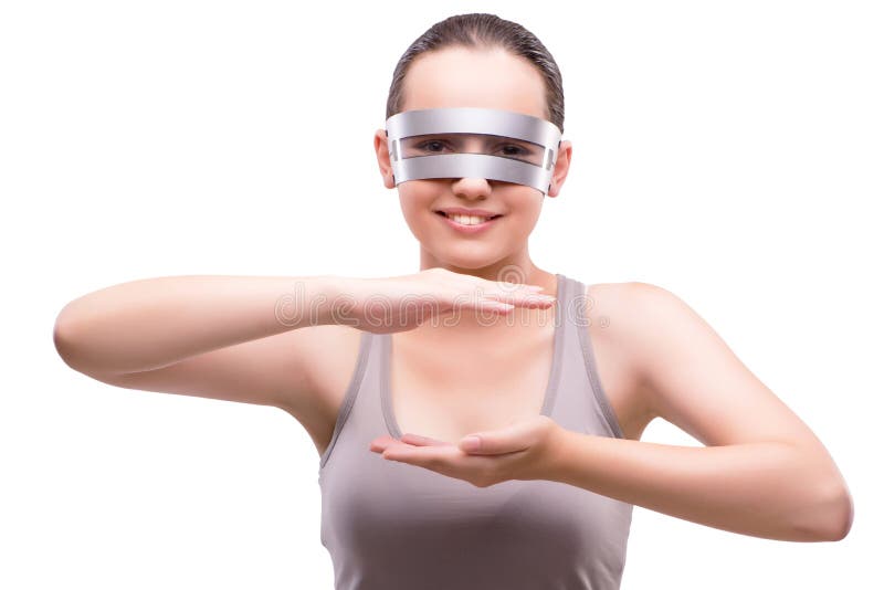 Die Frau mit techno Gläsern auf Weiß stockfotos Die Frau mit techno Gläsern auf Weiß stockfotos