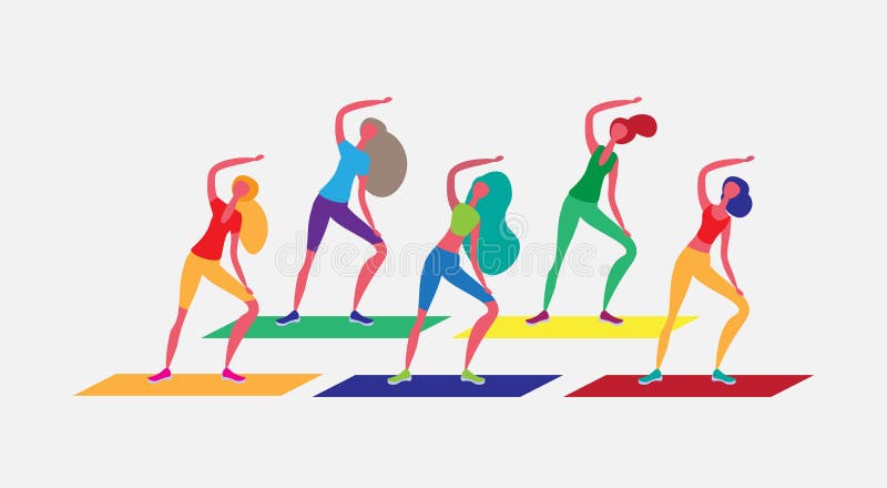 Woman group doing aerobic exercises cartoon character sport female activities isolated healthy lifestyle concept full length horizontal flat vector illustration. Woman group doing aerobic exercises cartoon character sport female activities isolated healthy lifestyle concept full length horizontal flat vector illustration