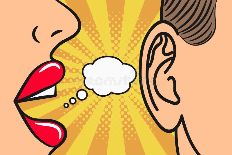 Woman lips whispering in mans ear with speech bubble. Pop Art style, comic book illustration. Gossip and secrets concept. Vector. Woman lips whispering in mans ear with speech bubble. Pop Art style, comic book illustration. Gossip and secrets concept. Vector.